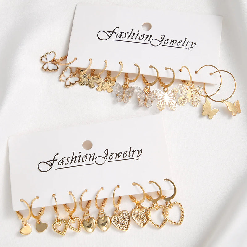 New Gold Color Butterfly Love Hoop Earrings Set New Creative Simple Heart Hollow Dangle Earring for Women Fashion Trendy Jewelry