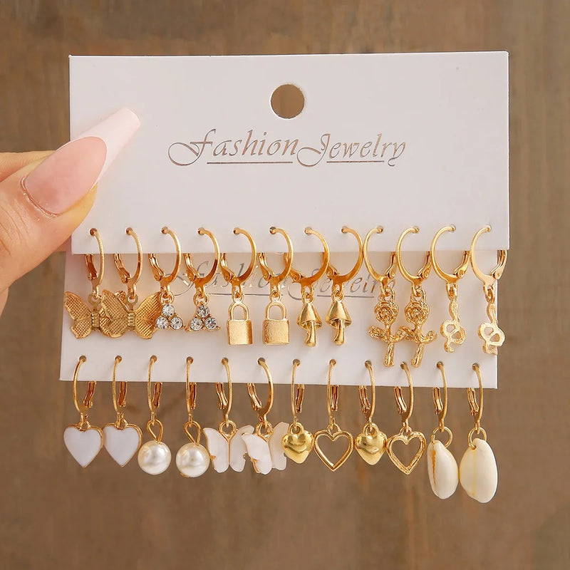 New Gold Color Butterfly Love Hoop Earrings Set New Creative Simple Heart Hollow Dangle Earring for Women Fashion Trendy Jewelry