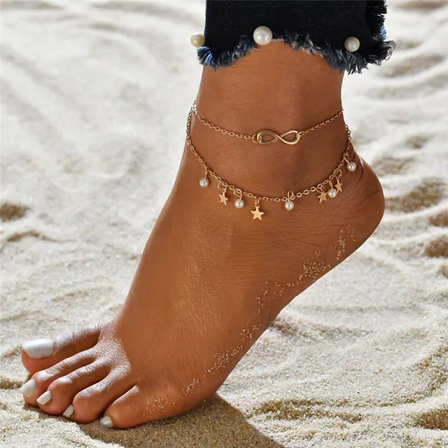 Modyle Bohemia Gold Color Snake Ankle Bracelet Set For Women Starfish Shell Heart Charm Anklet Chain On Leg Boho Jewelry Gift