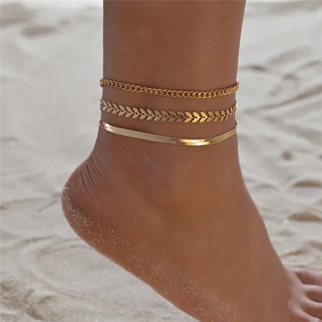 Modyle Bohemia Gold Color Snake Ankle Bracelet Set For Women Starfish Shell Heart Charm Anklet Chain On Leg Boho Jewelry Gift