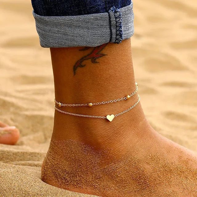 Modyle Bohemia Gold Color Snake Ankle Bracelet Set For Women Starfish Shell Heart Charm Anklet Chain On Leg Boho Jewelry Gift