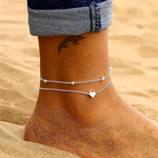 Modyle Bohemia Gold Color Snake Ankle Bracelet Set For Women Starfish Shell Heart Charm Anklet Chain On Leg Boho Jewelry Gift