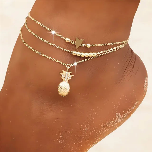 Modyle Bohemia Gold Color Snake Ankle Bracelet Set For Women Starfish Shell Heart Charm Anklet Chain On Leg Boho Jewelry Gift