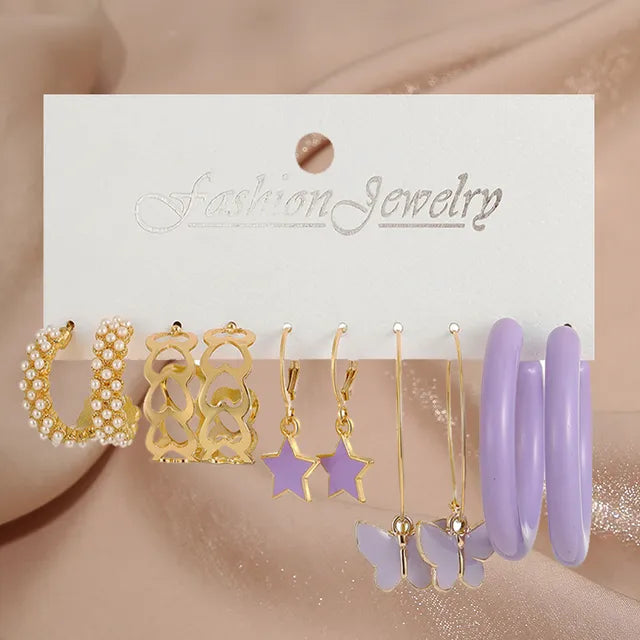 Pearl Twist Hoop Earrings Set | Butterfly Acrylic Dangles | Gold Plated Cartoon Jewelry