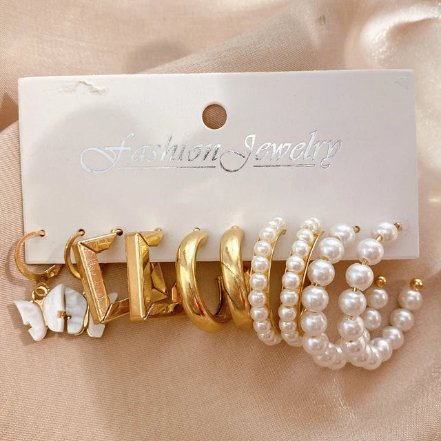 Pearl Twist Hoop Earrings Set | Butterfly Acrylic Dangles | Gold Plated Cartoon Jewelry